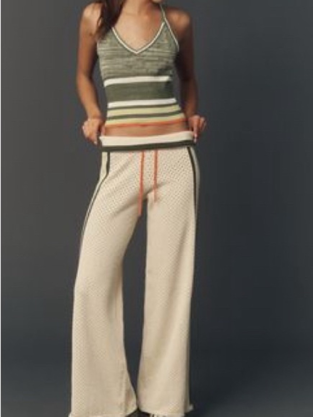 Cream Wide-Leg Knit Pants with Olive Trim and Orange Drawcord